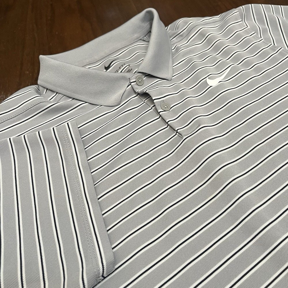 Nike Dri-FIT Mens L Black Gray Striped Short Sleeve Golf Polo Shirt CU9862